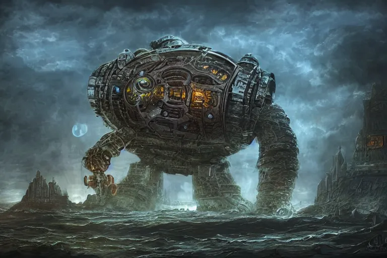 Prompt: highly detailed elden ring portrait photo of a huge dieselpunk golurk. a massive spaceship in a scenic megalophobic dystopian environment in the background, hyperrealistic illustration by william didier - pouget