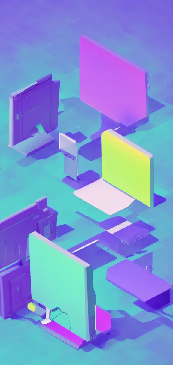 Image similar to isometric 3 d render of a computer, light blue, purple, light green, light yellow gradient background concept art by sylvan sarrailh