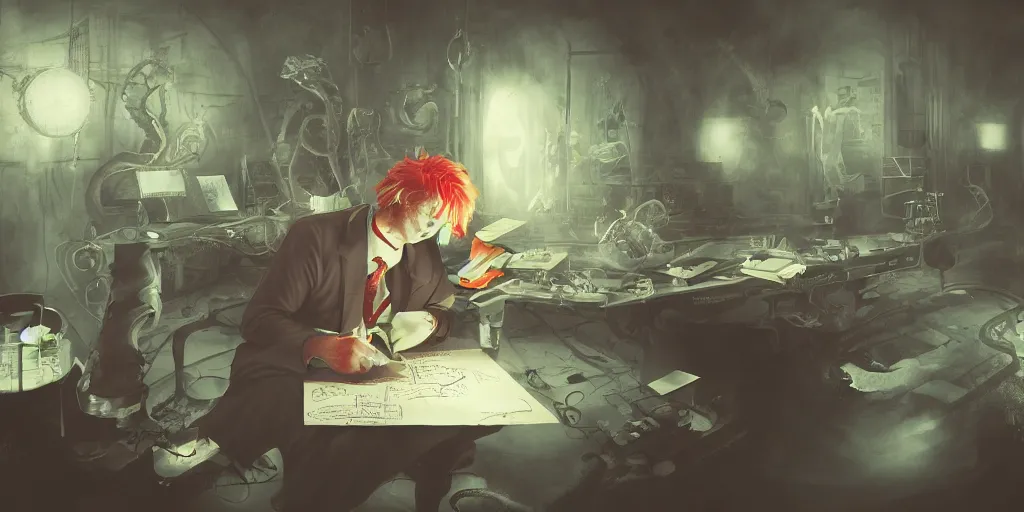 Image similar to secret labor under the surface, scary machine with floating animals in it, crazy professor with red hair writing down some notes, digital art, scary atmosphere, raytracing, hd
