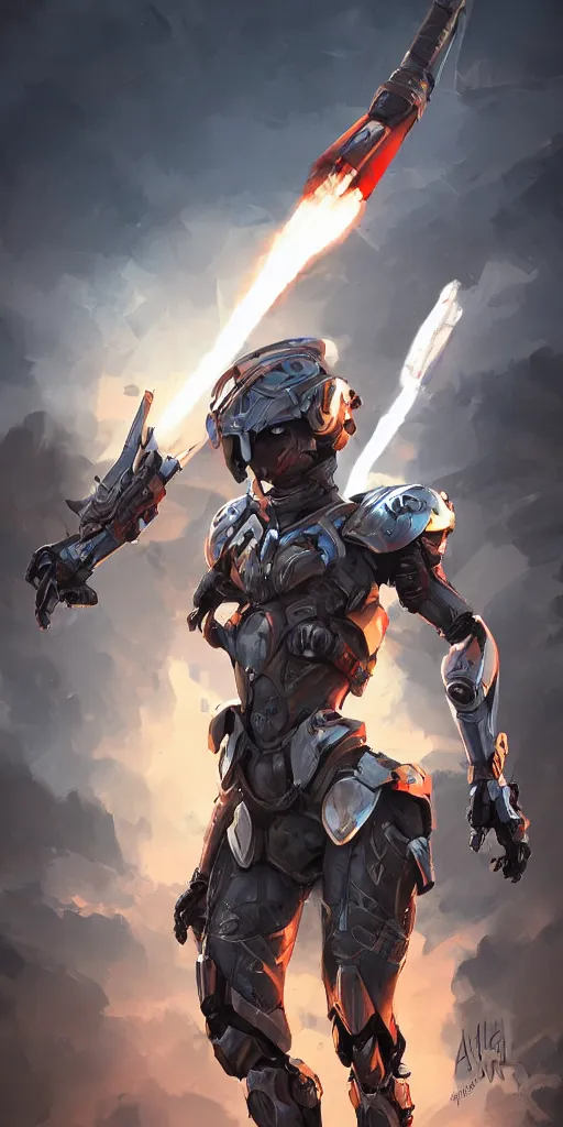 Prompt: valkyrie in a mech suit wielding a rocket-powered sword, artstation, digital art, concept art