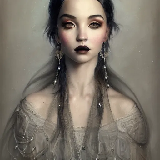 Image similar to tom bagshaw portrait, beautiful asian mix of dove cameron madison beer bella poarch in a full dress, gothic makeup, professionally retouched, focus eyes, ultra realistic soft painting, insanely detailed linework, symmetrical accurate intricate features, behance, 8 k