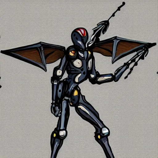 Image similar to A humanoid mosquito, reminiscent of a winged medieval knight. Metal gear solid style.