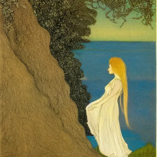 Prompt: art by ida rentoul outhwaite : ( subject = girl at the lake + subject detail = very long blond hair, pretty, front view )