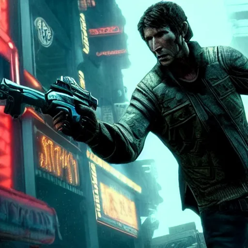 Image similar to todd howard pointing a gun towards the camera and forcing you to buy skyrim, threatening, sharp, cinematic, colorful, digital, neon, bright, cyberpunk, blade runner 2 0 4 9, realism, bold