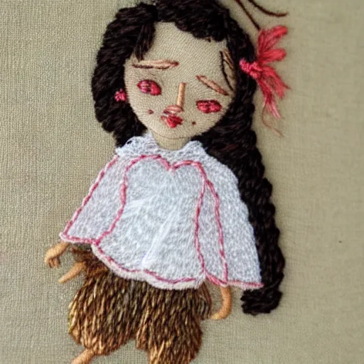 Image similar to a tiny beautiful handmade embroidery of a little girl with brown curly hair. hand embroidery.