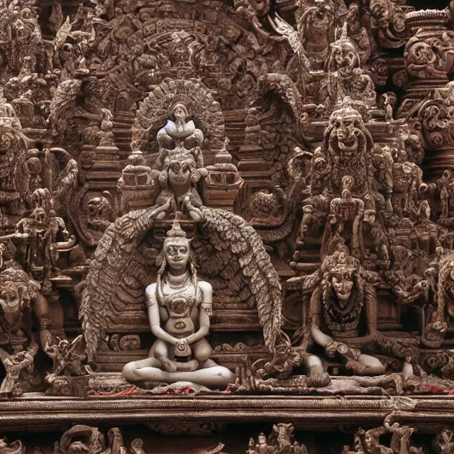 Image similar to temple made of flesh, hindu ornaments, baphomet statue at the center, angel statues, 8 0's horror movie film still, highly detailed, symmetry, award - winning photography, 1 2 0 mm