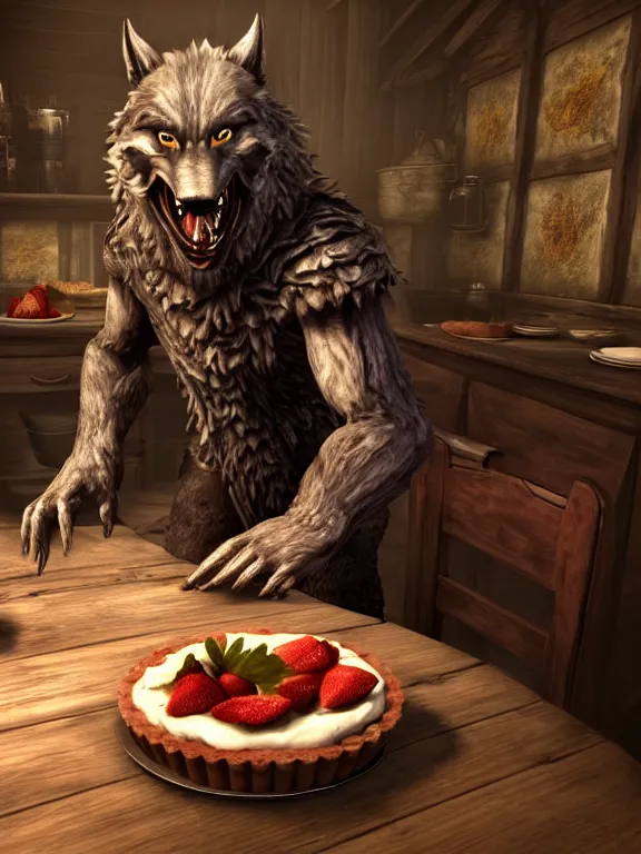 Image similar to cute handsome cuddly burly surly relaxed calm timid werewolf from van helsing sitting down at the breakfast table in the kitchen of a normal country home cooking having fun lighthearted whimsy baking strawberry tart cakes unreal engine hyperreallistic render 8k character concept art masterpiece screenshot from the video game the Elder Scrolls V: Skyrim