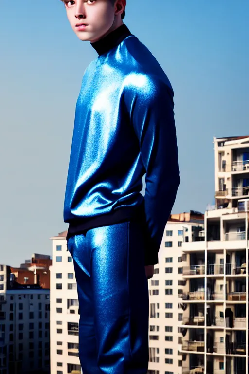 Prompt: un ultra high definition studio quality photographic art portrait of a young man standing on the rooftop of a british apartment building wearing soft padded silver pearlescent clothing. three point light. extremely detailed. golden ratio, ray tracing, volumetric light, shallow depth of field. set dressed.