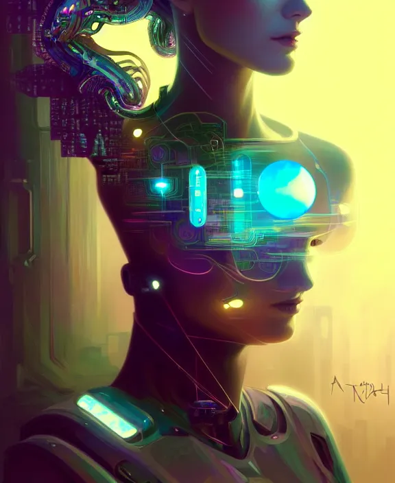 Prompt: a whirlwind inside the metaverse, man, hologram, half body, neurochip, shaved temple, piercing, jewelry, android, cyborg, cyberpunk face, by loish, d & d, fantasy, intricate, elegant, highly detailed, colorful, digital painting, artstation, concept art, art by artgerm and greg rutkowski and alphonse mucha
