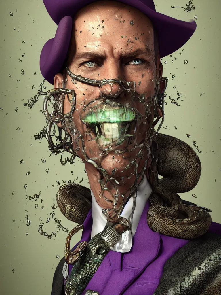 Image similar to professional corporate portrait closeup headshot profile picture of cowboy snake oil salesman wearing purple green medieval armour with snake oil stimulant tonic formula tincture dripping from his lips and dollar bill print tinted skin, by Greg Rutkowski, 8K, hyper detailed, realistic, by onesal, by sixnfive , behance 3d , studio photography DSLR, Photoreal epic composition