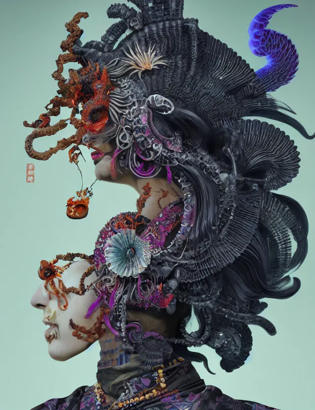 Image similar to 3 d goddess of hell close - up profile portrait with ram skull. beautiful intricately detailed japanese crow kitsune mask and clasical japanese kimono. betta fish, jellyfish phoenix, bio luminescent, plasma, ice, water, wind, creature, artwork by tooth wu and wlop and beeple and greg rutkowski