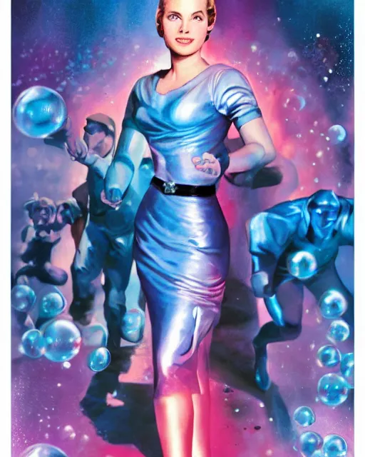 Image similar to drew struzan style movie color poster of grace kelly dressed as sue storm, the invisible woman from the fantastic four, with her hands held up, she is generating an iridescent bubble of particles around her body in the form of a shimmering bubble force field, soft focus, bokeh, 5 0 mm