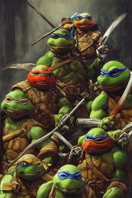 Prompt: portrait of a ninja turtles across the ages , frazetta themed, in style of Valentin Serov, in style of Ruan Jia, insanely detailed and intricate, golden ratio, elegant, ornate, luxury, elite, matte painting, cinematic, cgsociety, James jean, Brian froud, ross tran, Laputa