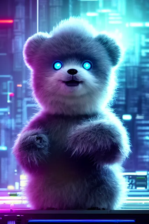 Image similar to high quality 3 d render very cute fluffy cyborg!! bear plays moog synthesizer, cyberpunk highly detailed, unreal engine cinematic smooth, in the style of blade runner & detective pikachu, hannah yata charlie immer, moody light, low angle, uhd 8 k, sharp focus