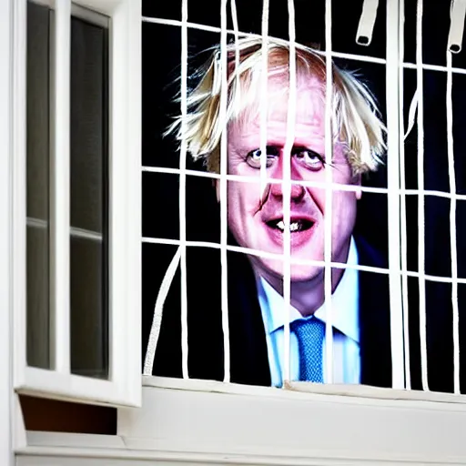 Image similar to window blinds in a house being pulled back to reveal a terrifying boris johnson with his face pressed against the window with his hand on the window and a horrifying grin. horror, black and white