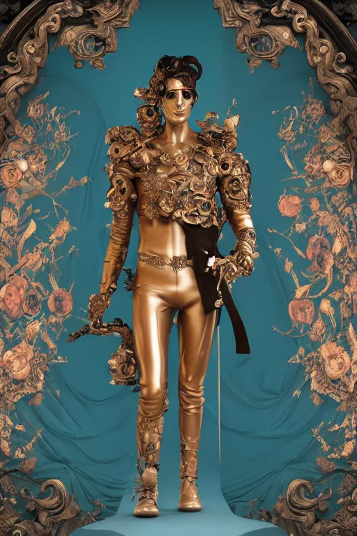 Image similar to a young handsome Spanish prince in a full-body bronze cyberpunk style statue of an android with glowing blue eyes, crown of peach roses, flowing teal-colored silk, fabric, flowers. baroque elements, human skull. full-length view. baroque element. intricate artwork by caravaggio. many many birds birds on background. Trending on artstation, octane render, cinematic lighting from the right, hyper realism, octane render, 8k, depth of field, 3D