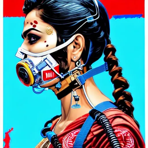 Image similar to a profile photo of a pakistaniwoman with a diving oxygen mask with side profile blood in ocean intricate details by MARVEL comics and Sandra Chevrier-C