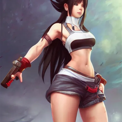 Image similar to tifa lockhart wearing yuffie kisaragi's outfit!!!, cg art, realistic, character select portrait, by artgerm, greg rutkowski, alphonse mucha, 3 d