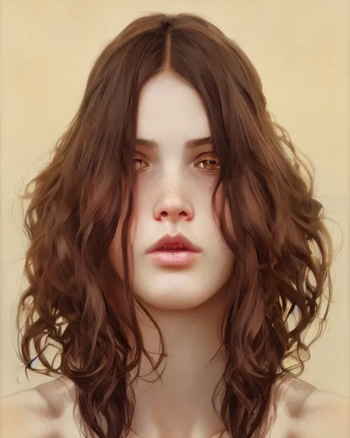 Image similar to symmetry!! portrait of 1 5 - year - old girl with voluminous bushy brown hair, large front teeth, and bright piercing brown eyes, highly detailed, digital painting, artstation, concept art, smooth, sharp focus, illustration, art by artgerm and greg rutkowski and alphonse mucha