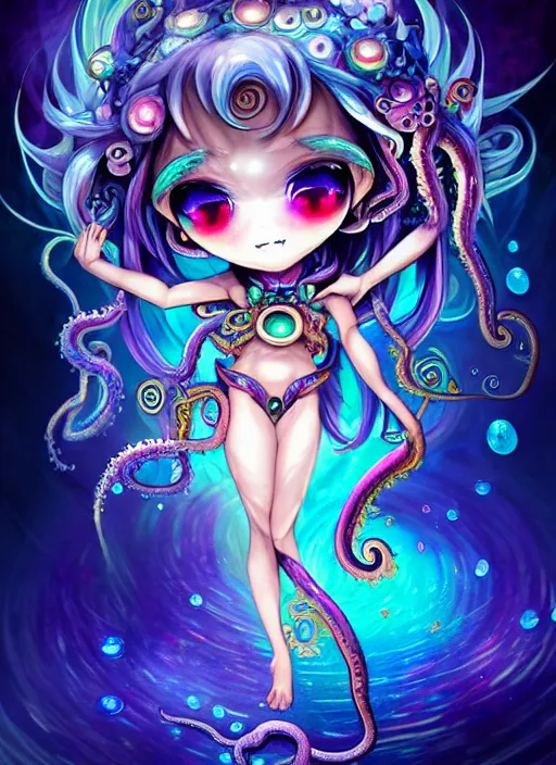 Prompt: A full shot of a chibi girl from the Abyss covered in opals and oil. Symmetrical. Underwater. Dark foreboding Atmosphere. Sailor Moon. Tentacles. Kawaii. Rainbows. Demon Horns, Angel Wings, By Lisa Frank and HR Giger and Ross Tran and ArtGerm and WLOP. Key Art. Fantasy Illustration. award winning, Artstation, intricate details, realistic, Hyperdetailed, 8k resolution. Photoreal. Octane Render.