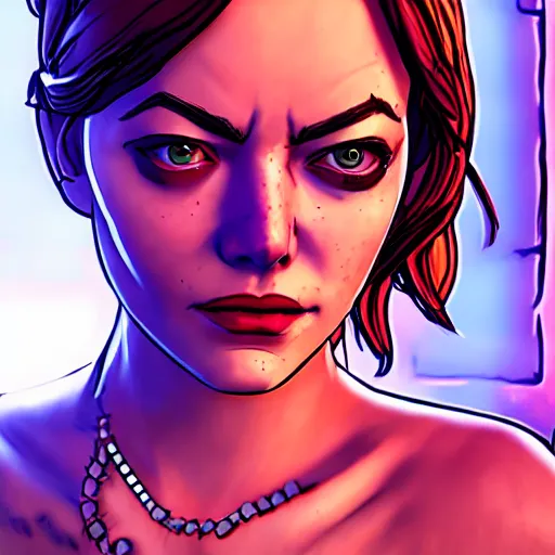 Image similar to emma stone portrait, borderlands, tales from the borderlands, the wolf among us, comic, cinematic lighting, studio quality, 8 k