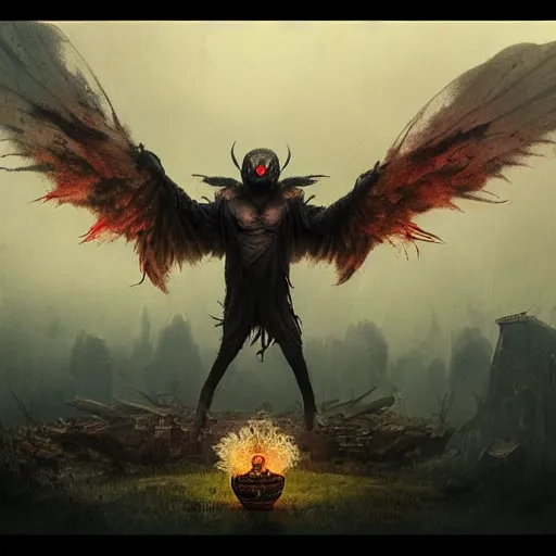 Image similar to scary , epic , Post-processing , low angle , Greg rutkowski legendary matte painting , masterpiece , 8K centered headshot Portrait of a psychedelic godlike mothman posing with a cigar with giant mandala wings smoking a hand-rolled cigarette smoking heavily , magic mushroom village in background , post-processing , award winning. superb resolution. in the art style of Satoshi Kon and Greg Rutkowski , Detailed Mushroom city in background , Hyper realistic anime , Perfect art , Dalle2