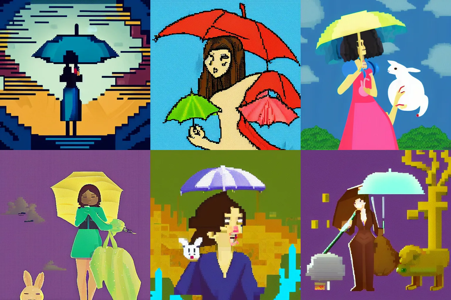 Prompt: A surreal dream scene of a woman holding an umbrella and a rabbit hiding inside it, pixel art