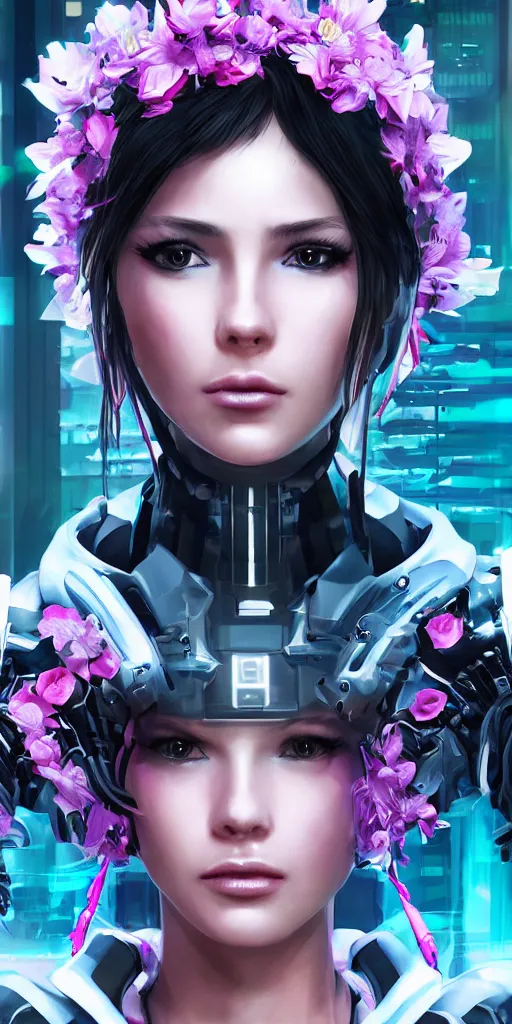 Prompt: Cyber punk 2077 robot girl, very beautiful portrait, Detroit game style, woman wrapped in flowers lily, photorealism