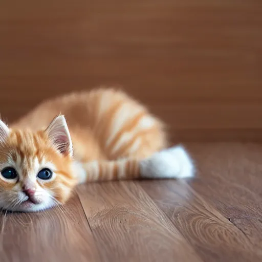Image similar to cute fluffy orange tabby kitten, wood floor