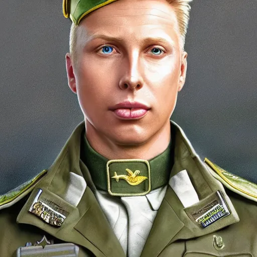 Prompt: jack mcbrayer as guile from street fighter, army uniform, ultra realistic, concept art, intricate details, eerie, highly detailed, photorealistic, octane render, 8 k, unreal engine. art by artgerm and greg rutkowski and magali villeneuve and alphonse mucha
