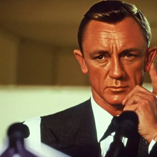 Image similar to television broadcast of President James Bond giving a press conference