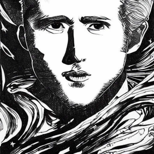 Prompt: black and white pen and ink!!!!!!! Yoshitaka Amano designed Ryan Gosling wearing cosmic space robes made of stars final form flowing royal hair golden!!!! Vagabond!!!!!!!! floating magic swordsman!!!! glides through a beautiful!!!!!!! Camellia!!!! Tsubaki!!! flower!!!! battlefield dramatic esoteric!!!!!! Long hair flowing dancing illustrated in high detail!!!!!!!! by Moebius and Hiroya Oku!!!!!!!!! graphic novel published on 2049 award winning!!!! full body portrait!!!!! action exposition manga panel black and white Shonen Jump issue by David Lynch eraserhead and beautiful line art Hirohiko Araki!! Rossetti, Millais, Mucha, Jojo's Bizzare Adventure