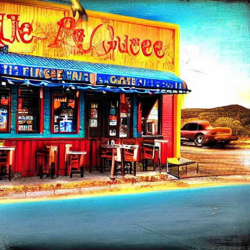 Prompt: the blue goose tavern. a big and famous roadside tavern. delicious fried pudding with sweet liquor is served here. digital art