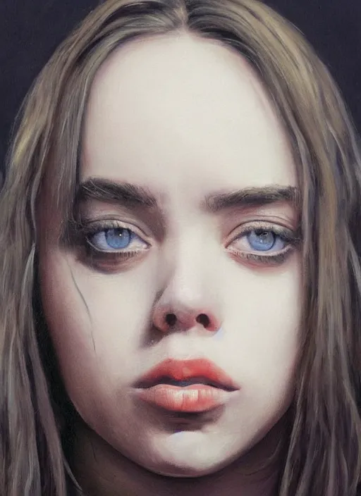 Image similar to realistic oil painting highly detailed billie eilish looking at you, dark background