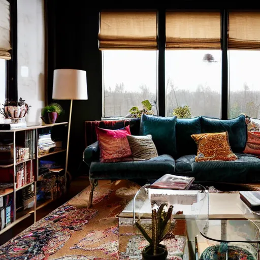 Prompt: insanley detailed wide angle photograph, atmospheric, award winning interior design living room, dusk, cozy and calm, fabrics and textiles, colorful accents, brass, copper, secluded, many light sources, lamps, hardwood floors, book shelf, couch, desk, balcony door, plants