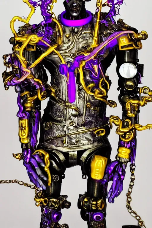 Image similar to full-body neon porcelain baroque cyberpunk style sculpture of a muscular handsome prince as a half-robot wearing retro shades, ruptured battery, leaking glowing neon radioactive liquid, electric sparks, glowing violet laser beam eyes, crown of giant diamonds, gold chain steampunk necklace, flowing purple satin, luminescent fabrics, mechanical roses. baroque and steampunk elements. full-length view. baroque element. intricate artwork by caravaggio. Trending on artstation, octane render, cinematic lighting from the right, hyper realism, octane render, 8k, depth of field, 3D