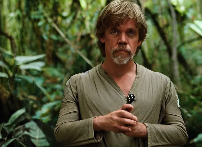 Image similar to screenshot portrait of luke skywalker at the reopening of the new jedi temple school deep within jungle. serene portrait of Mark Hammill, meditating, Photographed with Leica Summilux-M 24 mm lens, ISO 100, f/8, Kodak, Portra 400, 1988