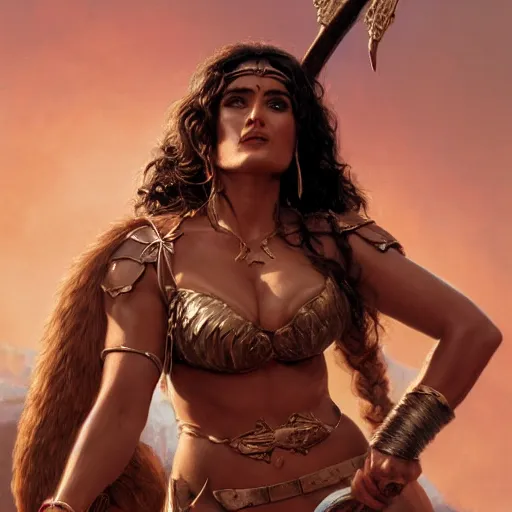 Prompt: a portrait of salma hayek as a barbarian, detailed, centered, digital painting, artstation, concept art, donato giancola, joseph christian leyendecker, wlop, boris vallejo, breathtaking, 8 k resolution, extremely detailed, beautiful, establishing shot, artistic, hyperrealistic, beautiful face, octane render