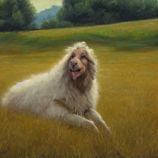 Prompt: caucasian shepherd in a grass field, oil painting