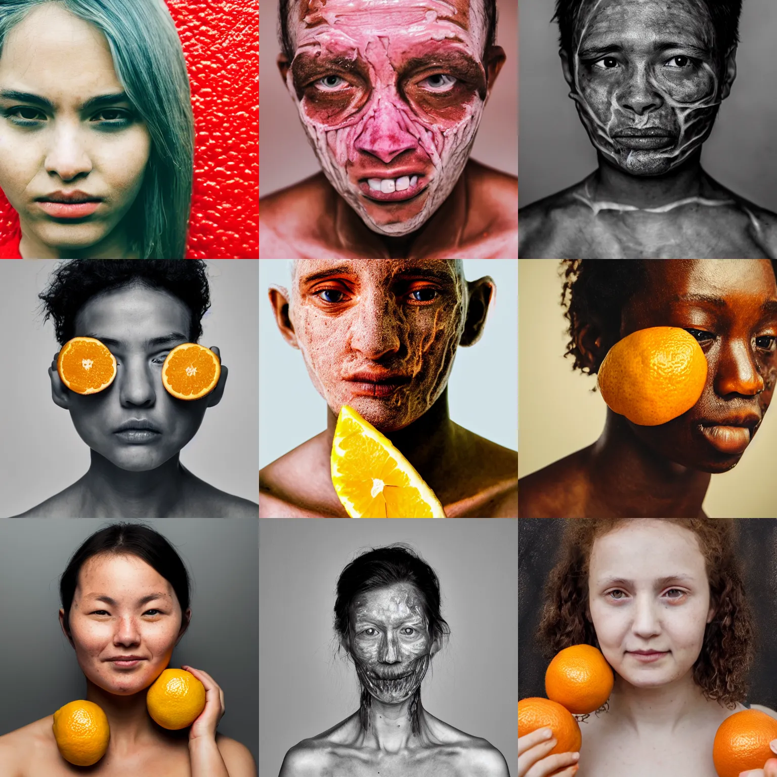 Prompt: a portrait photo of a person with skin like citrus