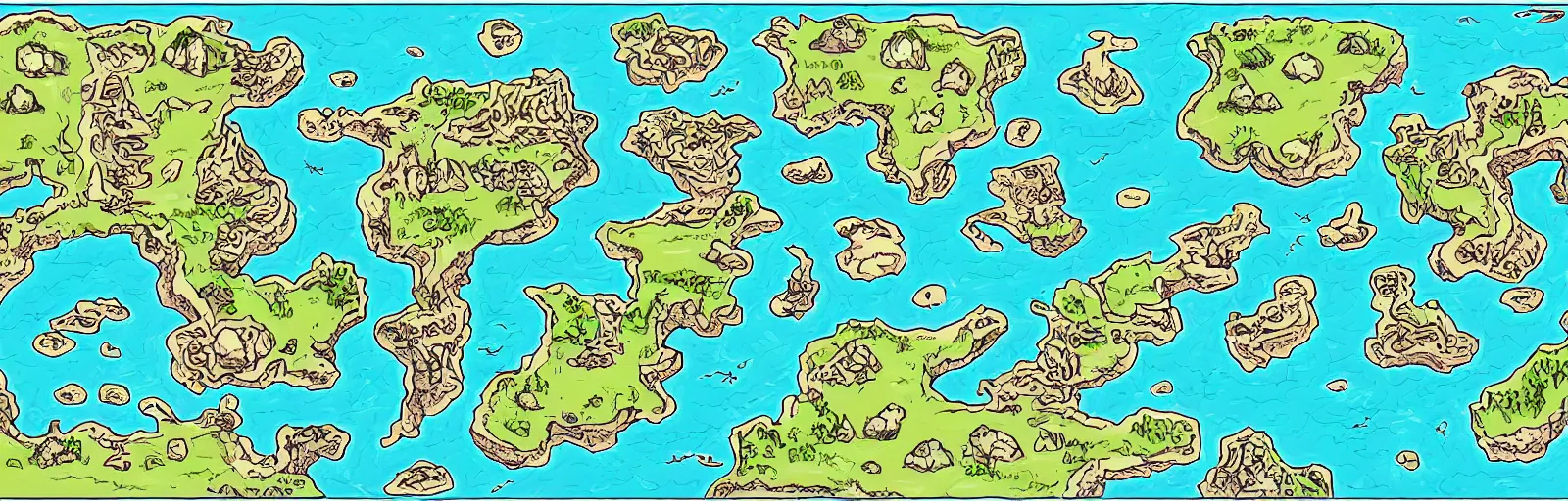 Image similar to a rpg map divided into colored regions surrounded by ocean, flat colors and strokes