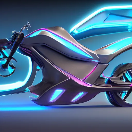 Prompt: wide shot angle, concept art of futuristic mortorcycle with neon light, cyberpunk aesthetic, capable to flight, navigator gear, ultra realistic, ultra detailed, volumetric light, unreal engine, 8 k