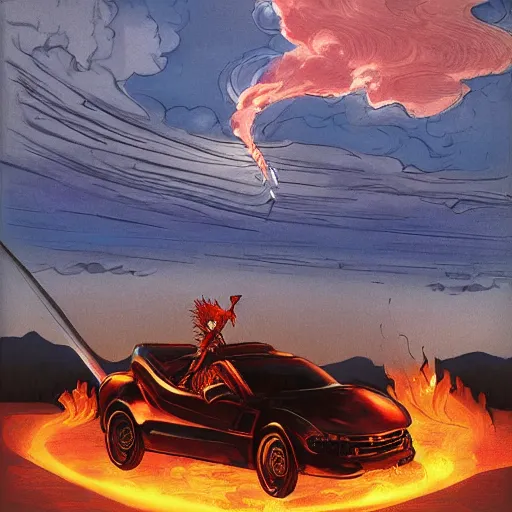 Image similar to knight in car, dragon blowing fire above, Hudson River School, ONE, Murata, Berserk