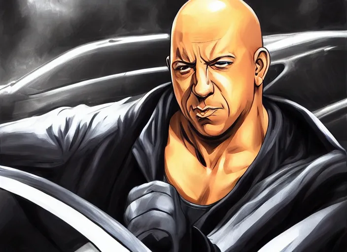 Image similar to vin diesel as saitama!!! punching a car, hyperrealism, trending on artstation