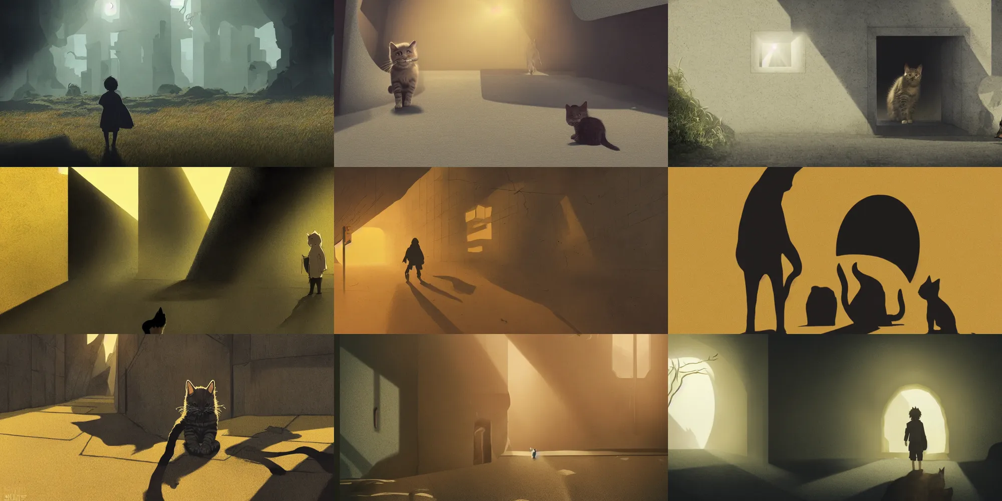 Prompt: dramatic lighting, nathan fowkes, incredible ghibli movie screenshot, vanishing point, focal point, ultra wide, brutalist, yellow, kitten, kitty, feline, cat silhouette, paws, large dark hole in the side of a concrete wall, bright dappled golden sunlight, long dark shadows, black depths, posters, notices, hobbit hole, overgrown, spiderwebs