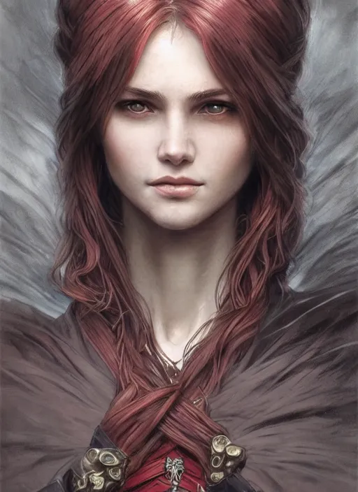 Image similar to vertical portrait of a ruggedly handsome female cleric, soft hair, close - up face, leather, witchy, d & d, fantasy, intricate, elegant, highly detailed, digital painting, artstation, concept art, smooth, sharp focus, illustration, art by artgerm and greg rutkowski and alphonse mucha, plain red background