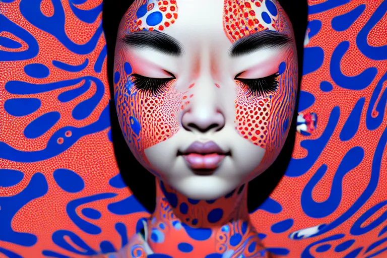 Image similar to hyperrealistic detailed image of a geisha laying in a art installation room, hd smooth interior by yayoi kusama, part by kei mieno, part by alex gray, part by ross tran, part by james jean, ultra realistic, highly detailed, life like face, detailed body, 8 k, octane render, trending on artstation, very cohesive, masterpiece