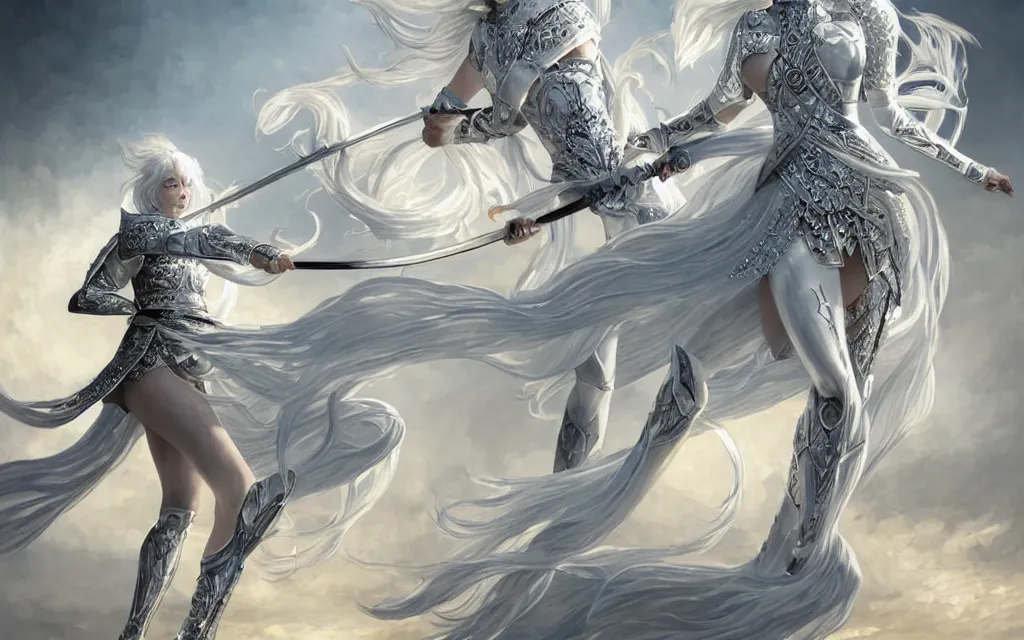 Prompt: white hair knights of zodiac girl, sliver ice color reflected armor, kung fu fighting and kickboxing in ruined agora of athens sunrise, ssci - fi and fantasy, intricate and very very beautiful and elegant, highly detailed, digital painting, artstation, concept art, smooth and sharp focus, illustration, art by tian zi and wlop and alphonse mucha