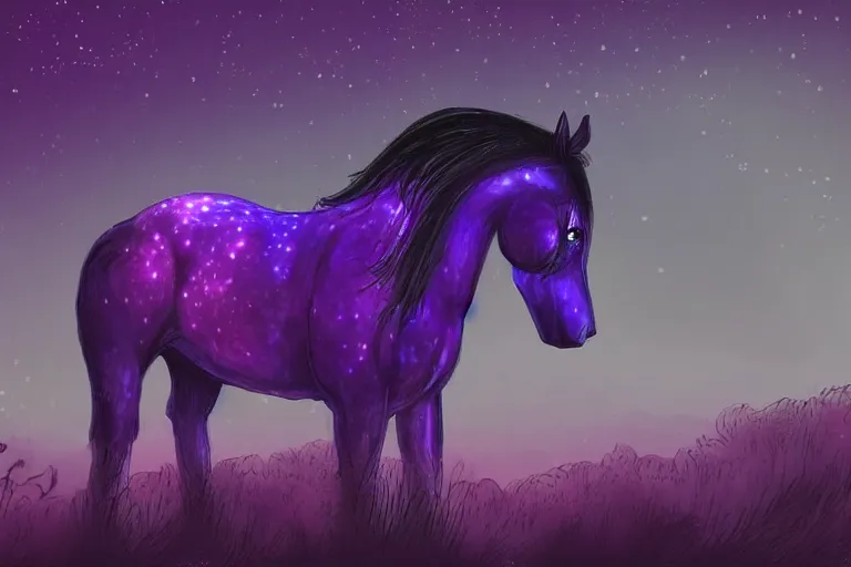 Image similar to a digital painting of a sad horse that's lost on an extraterrestrial planet, strange plants, purple lighting, night sky, glows,