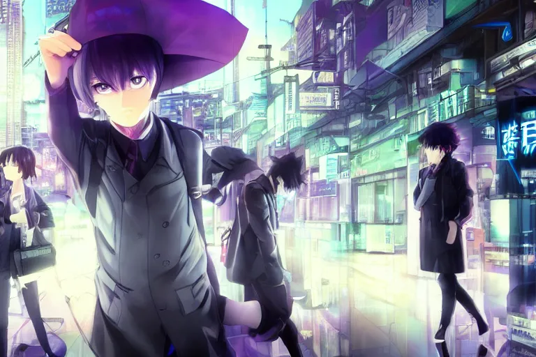 Prompt: anime heist film, bank robbery, 3 5 mm film still, wired landscape, cyberpunk, volumetric lighting, photo realistic, digital art, anime background, violet colour palette, very detailed faces, art by range murata and yasuyuki ueda
